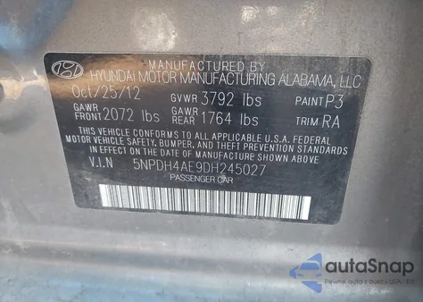2013 Hyundai Elantra Gls from USA, damaged, VIN 5NPDH4AE9DH245027